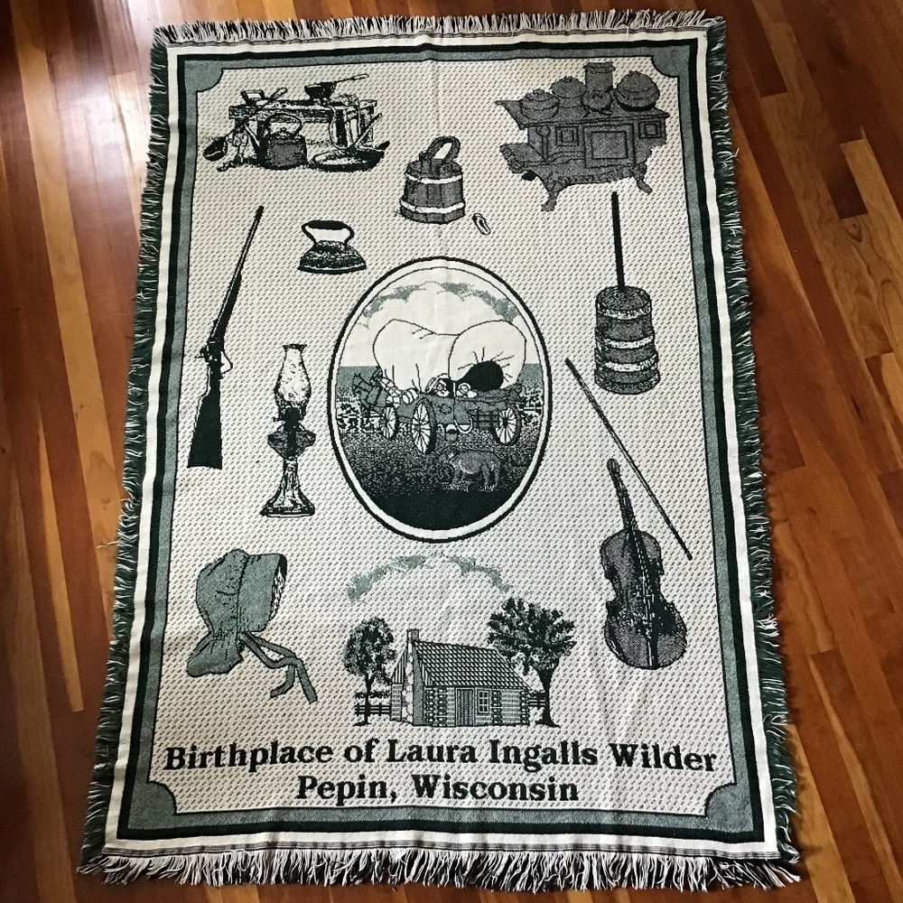 Laura Ingalls Wilder Vintage Throw Birthplace Wisconsin Dark Green Blanket